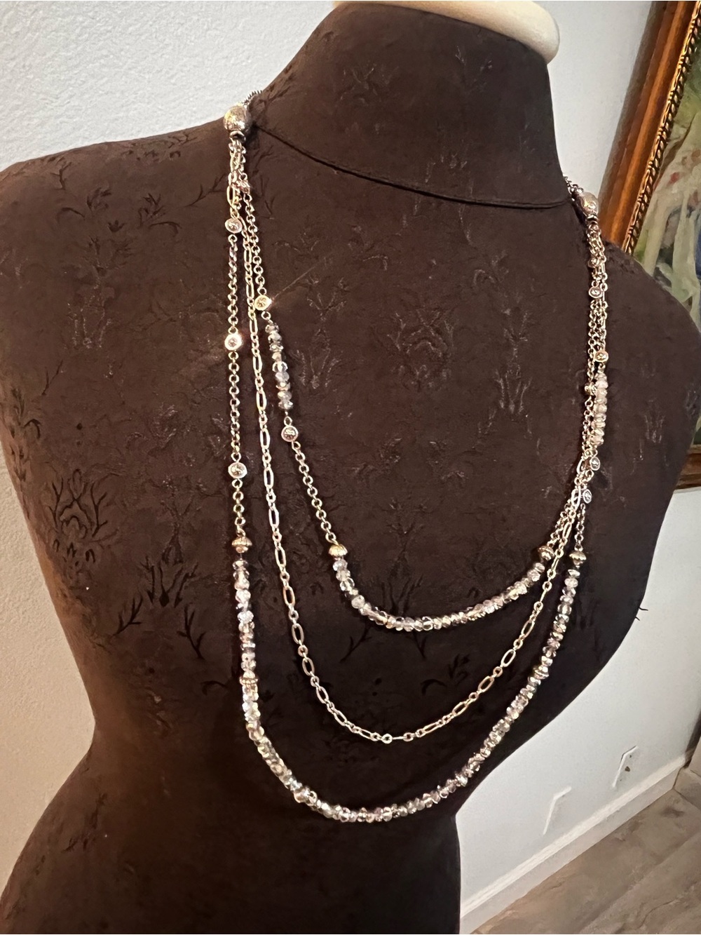Brighton Silver Toned Three Tier Stack Necklace Rhinestones Tooled Beads 17” L